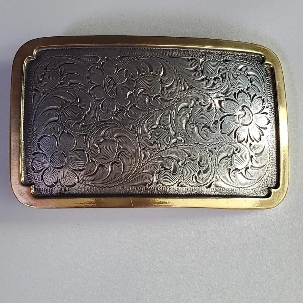 Western Floral Engraved Belt Buckle Two Tone Gold Silver Tone Rectangular